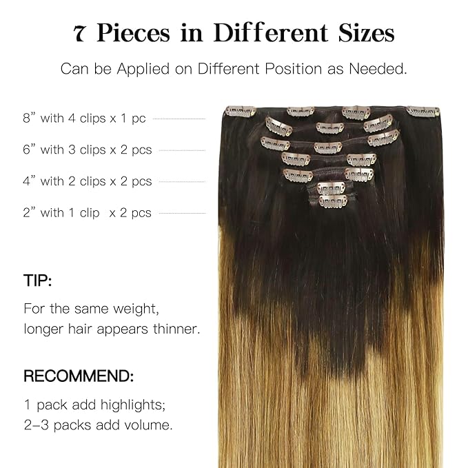 HOTBANANA Human Hair Clip in Hair Extensions, Dark Brown to Chestnut Brown and Dirty Blonde Highlighted (Warm Tone) 120g Clip in Hair Extensions Real Human Hair Straight Remy Hair 16 Inch 7pcs