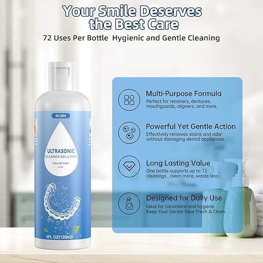 BCOM Retainer Cleaner Solution, Ultrasonic Jewelry Cleaner Solution Deep Clean for Retainer, Mouthguards, Night Guards, Aligners and Jewelry Ring, Odor Stain Remover for Ultrasonic Machines (4 oz)