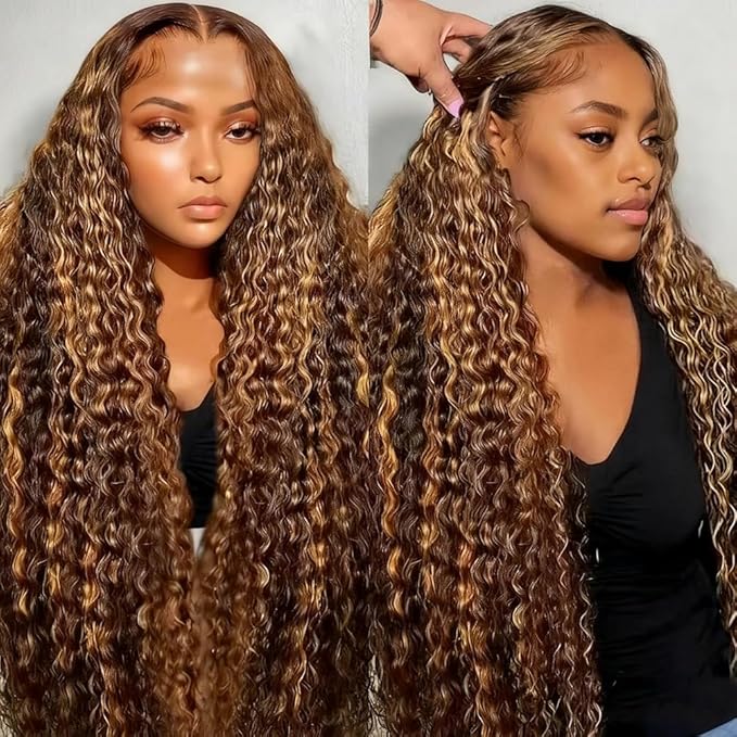 34inch Highlight Ombre Deep Wave Lace Front Wig Human Hair 13x6 Honey Blonde 4/27 Hd Lace Frontal Wigs Human Hair Wet And Wavy Glueless Wig Pre Plucked For Women