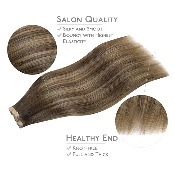 Wennalife Tape in Hair Extensions Human Hair, 40pcs 60g 10 inch Balayage Chocolate Brown to Caramel Blonde Hair Extensions Real Human Hair Straight Tape in Extensions Reusable Real Hair Extensions