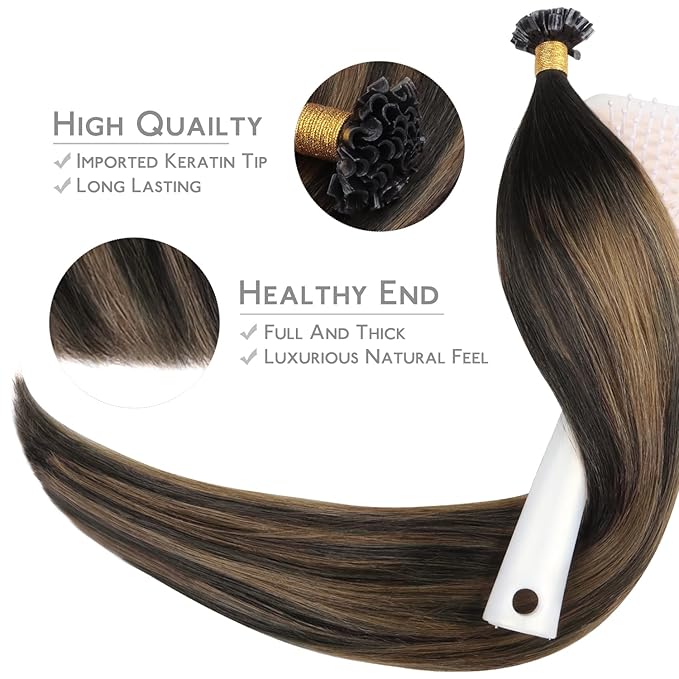 WENNALIFE U Tip Hair Extensions Human Hair, 50g 50s 16 Inch Balayage Dark Brown Mixed Chestnut Brown Remy Hair Extensions K Tip Hair Extension Real Human Hair Invisible Straight Keratin Hair Extension
