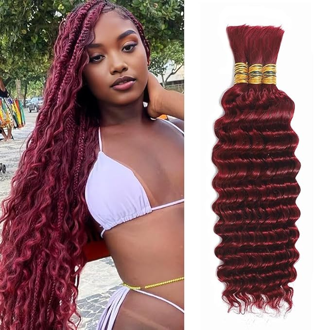 99J Human Braiding Hair for Boho Braids 16 Inch Burgundy Deep Wave Bulk Human Hair Red Wet and Wavy Braids Extensions