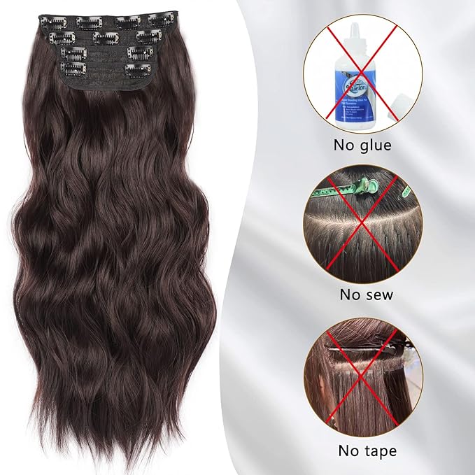 Clip in Hair Extensions Long Wavy Synthetic Hair 20 Inch Dark Brown Hair Extension Clip ins 4 Pcs Thick Hairpieces for Women Double Weft Natural Hair Extensions (20INCH, 6A)