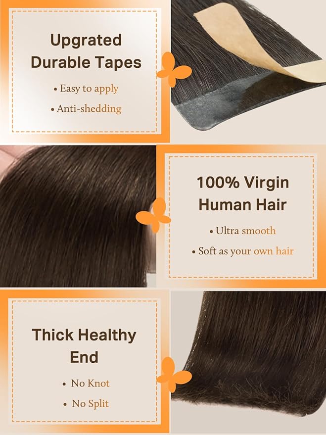 DOORES 20pcs 50g Tape in Human Hair Extensions Chocolate Brown Straight Remy Hair Extensions Natural Hair Extensions Skin Weft 24 Inch
