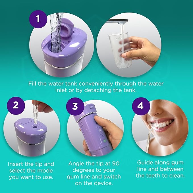 GuruNanda Compact Water Dental Flosser, Portable Travel Size Oral Irrigator Flosser with Collapsible 180 ml Tank, Smart Timer, 4 Flossing Modes, TSA-Approved - Lavender