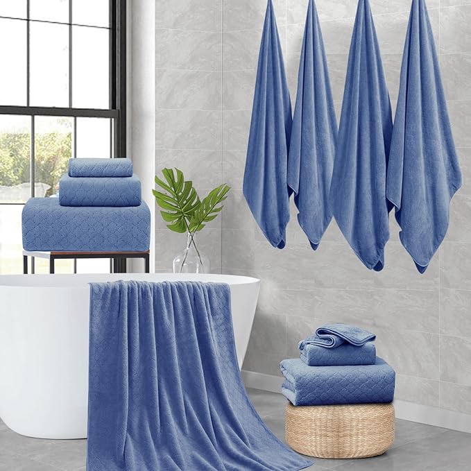 Ycosy 8-Piece Bath Towels Set,2 Oversized Large Bath Sheet,2 Hand Towels and 4 Washcloths - 600 GSM Soft Microfiber Highly Absorbent Quick Dry Shower Towel for Bathroom Hotel and Spa,Air Force Blue