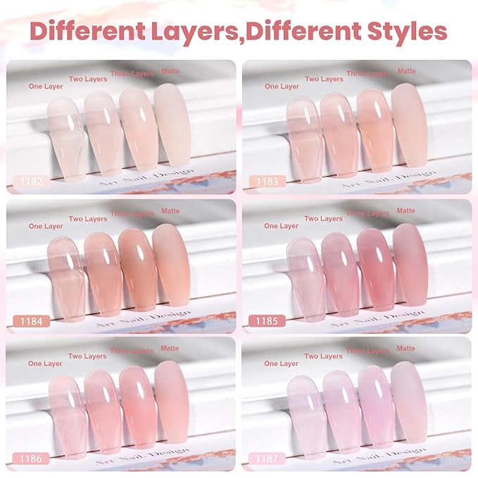 RARJSM Jelly Nude Gel Nail Polish Set Sheer Milky Blush Pastel Rose Caramel Pink 6 Transparent Neutral Skin Tone Colors French Manicure LED UV Gelpolish Soak Off Curing Requires for Home Salon 7.5ml