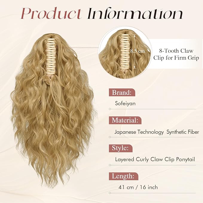 SOFEIYAN Ponytail Extension, 16 inch Claw Clip Ponytail Extension Wavy Curly Ponytails Synthetic Pony Tails Hair Extensions Natural Fake Hairpiece for Women - Pale Ash Blonde