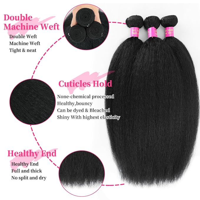 18 20 22 Inch Kinky Straight Bundles Yaki Straight Human Hair Bundles Full and Thick 3 Bundles Sew in Kinky Straight Human Hair For Black Women Natural Black Color
