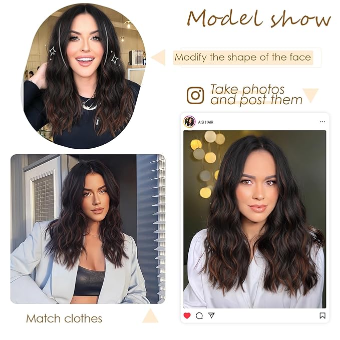 AISI HAIR Black Mix Brown Wig for Women Medium Length Wave Curly Glueless Synthetic Heat Resistant Hair Wigs for Daily Party Cosplay