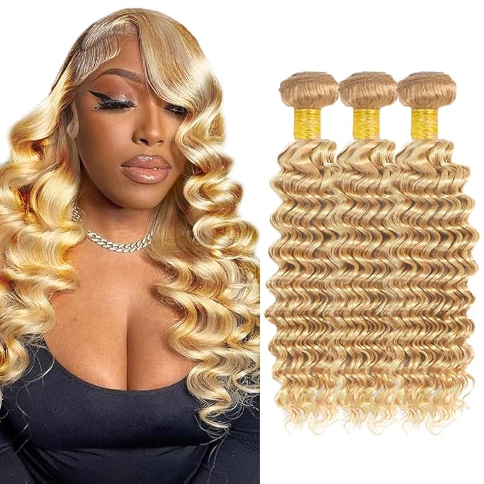 Blonde Bundle 613 Deep Wave Human Hair 3 Bundles 12 14 16 inch P27/613 Human Hair Bundles Blonde Deep Wave Bundle