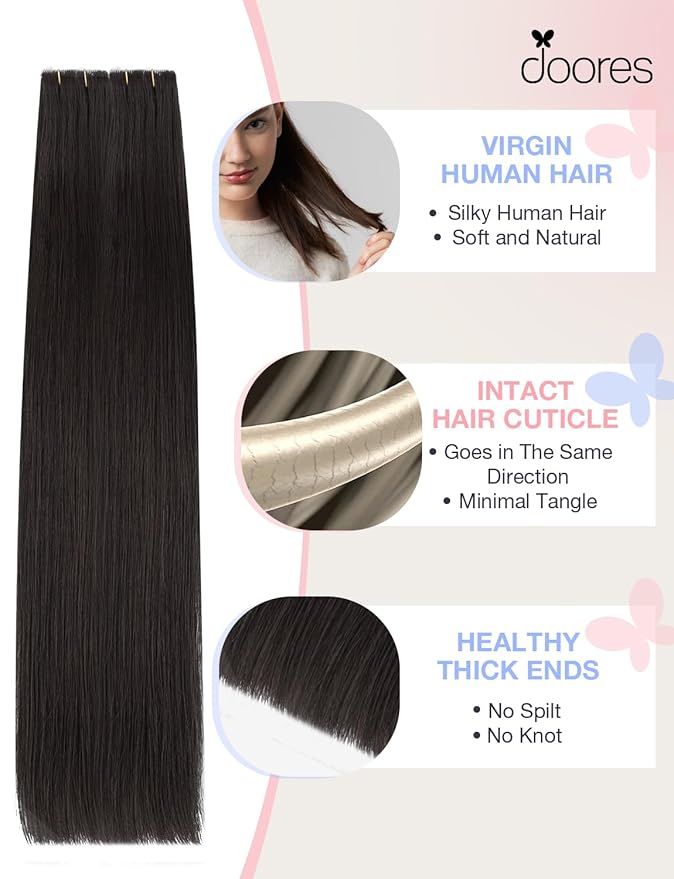 DOORES Invisi Edge Human Hair Extensions Tape in, Natural Black 10 Injection Tape-ins with 10 Injection Tape-ins 50g 16 Inch, Injected Tape in Extensions Virgin Hair Thick Ends