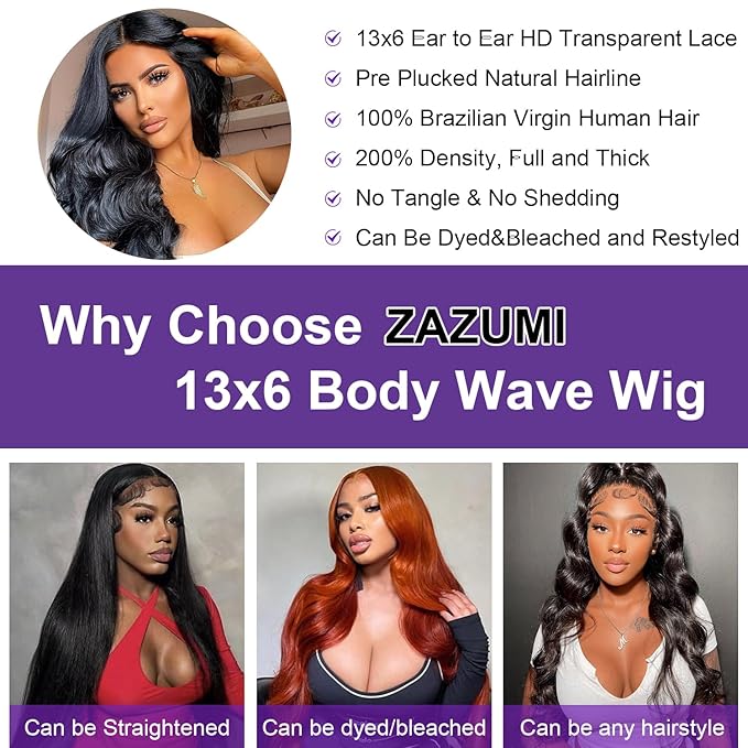 Zazumi 13x6 Body Wave Lace Front Wigs Human Hair 200 Density HD Transparent Lace Frontal Human Hair Wig for Black Women Glueless Wigs 28 Inch