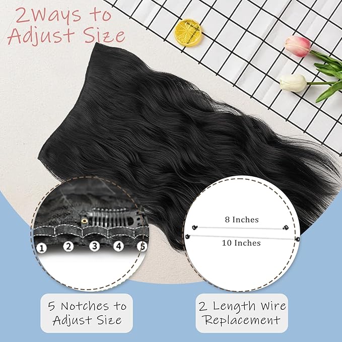 Black Invisible Wire Hair Extensions Long Wavy Synthetic Hairpiece with 4 Secure Clips for Women 20 Inch Clip in Hair Extensions