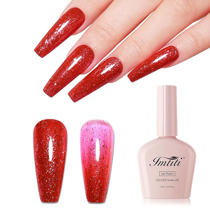 Imtiti 10ml Red Glitter Gel Nail Polish Long Lasting Soak Off UV Led Christmas Red Gel Polish Salon DIY at Home Gift for Women 1Pcs