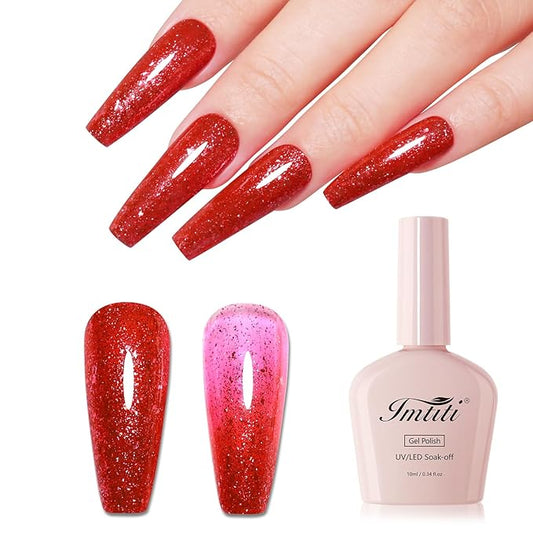 Imtiti 10ml Red Glitter Gel Nail Polish Long Lasting Soak Off UV Led Christmas Red Gel Polish Salon DIY at Home Gift for Women 1Pcs