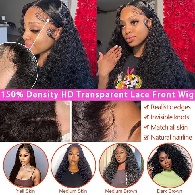 Water Wave Lace Front Wigs Human Hair Pre Plucked 13x4 Transparent Glueless Lace Frontal Wigs 150% Density Curly Lace Front Wigs Wet and Wavy Human Hair With Babyhair For Black Women(Curly Wig,24)