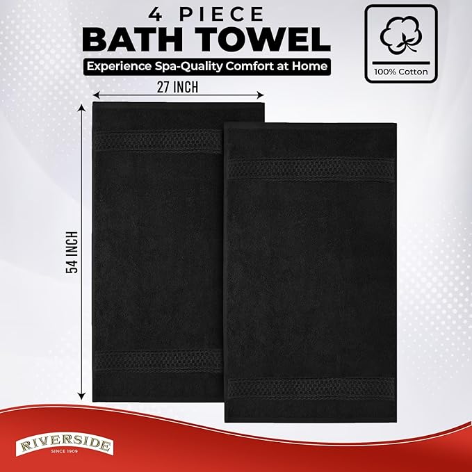 RIVERSIDE 100% Ring Spun Cotton Large Bath Towels Set of 4, 27 x 54 Inches – Quick Dry, Soft & Highly Absorbent Towels for Shower & Bathroom – Luxury 600 GSM Towels for Home, Spa, Gym, Hotel, Black