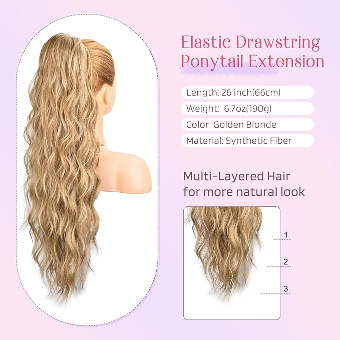 HOOJIH Ponytail Extension, Drawstring Ponytail Hair Extensions 26 Inch Long Curly Wavy Ponytail Natural Wavy Synthetic Hairpiece for Women Daily Use - Golden Blonde