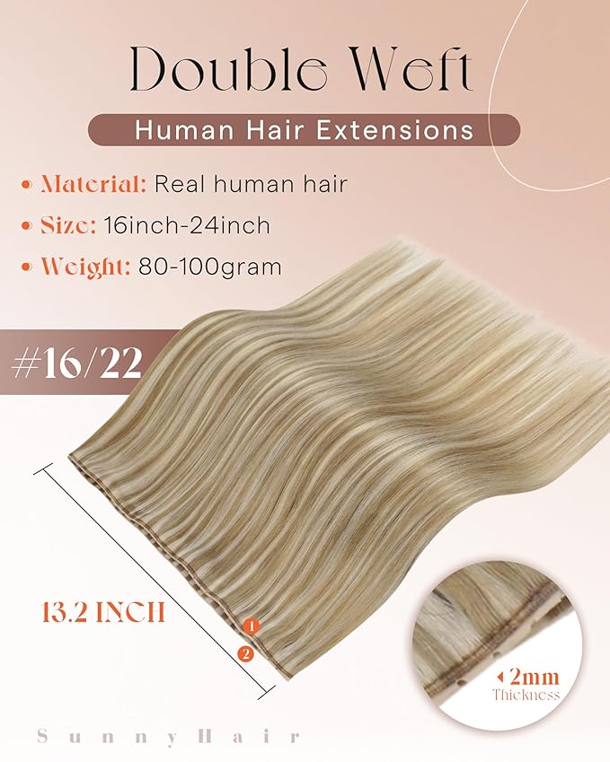 Sunny Hair Double Layered Weft Hair Extensions with Hole Golden Blonde Highlight Dirty Blonde Butterfly Weft Extensions Human Hair Remy Twin Tab Hair for Women Add Length 20 Inch 100G