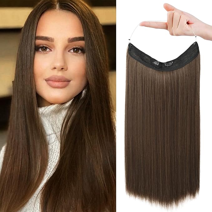 REECHO Invisible Wire Hair Extensions with Transparent Headband Adjustable Size Removable Secure Clips in Straight Secret Hairpiece for Women (16 Inch (Pack of 1), Medium Brown with Highlights)