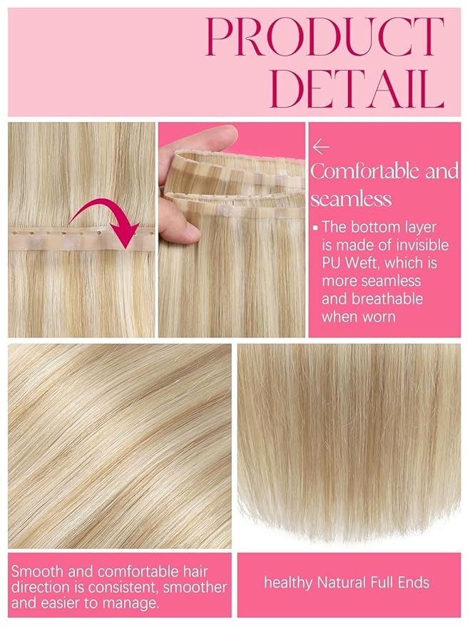 Lacer Double Weft Invisible Hair Extensions 18 Inch OVO Twin Tab Butterfly Genius Weft Human Hair Extensions Golden Blonde Highlight Platinum Blonde Seamless Micro Beads Weft 100G 31.5"