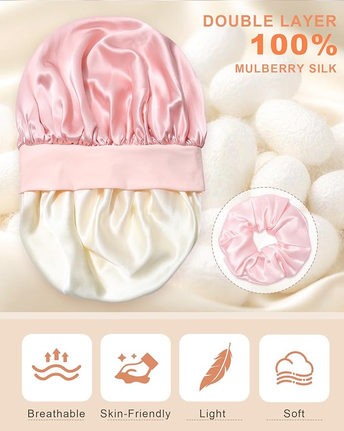 Mulberry Silk Bonnet Sleeping Women Curly Hair Bonnets Tie Band Double Layer Reversible Sleep Bonnet Silk Hair Wrap Sleep Cap
