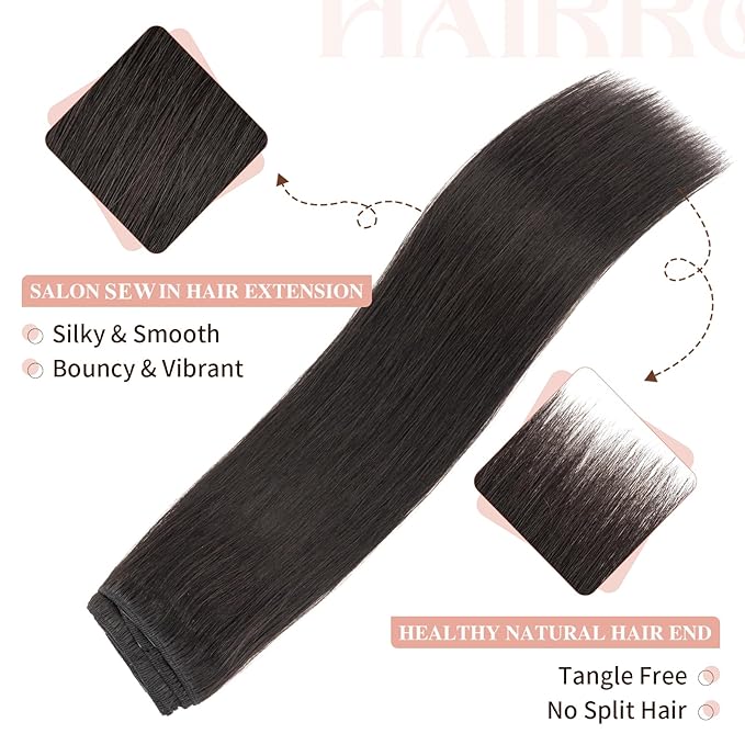Hairro Sew in Human Hair Extensions Real Hair, 100g/bundle Weave Weft for Women Adding Volume and Length, for DIY Beauty Dating Party, 22 Inch One Bundle Straight Off Black