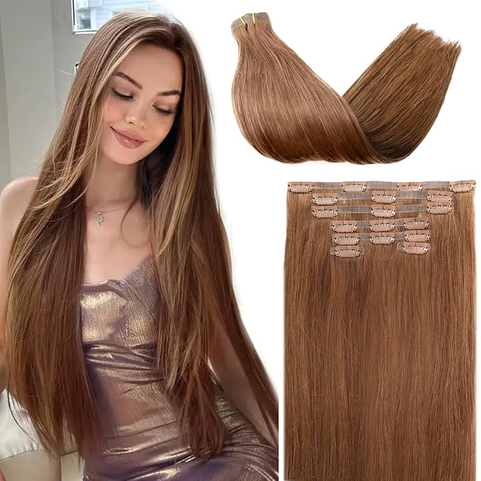 Seamless Clip in Hair Extensions Real Human Hair For Women 125g 20 Inch Light Golden Brown Invisible PU Skin Weft Remy Human Hair Extensions clip ins 7Pcs 18 Clips