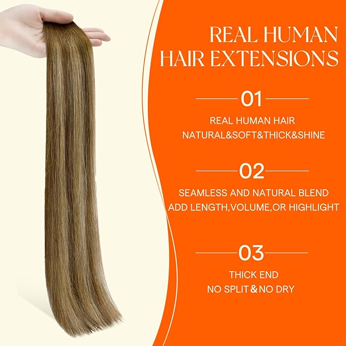 Full Shine Invisible Seamless Tape in Hair Extensions Real Human Hair 22 Inch Color 4/24/4 Brown Fading to Blonde and Brown Insert Remy Silky Injection Tape in Extensions 20 Pcs 50 Grams Add Length