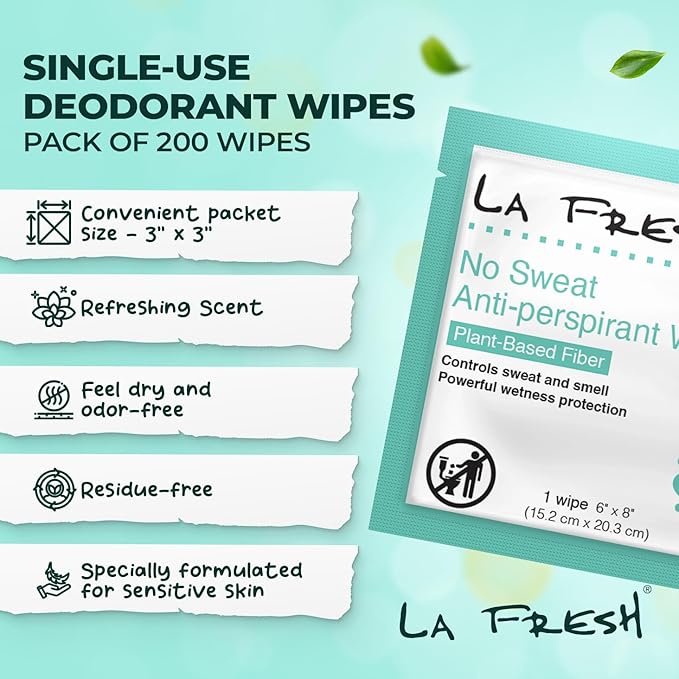 La Fresh Travel Lite Antiperspirant and Body Wipes - 200 Individually Wrapped Deodorant Wipes for Adults, Men and Women Travel Essentials