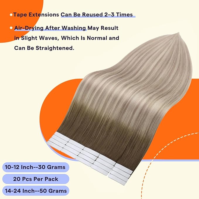 Full Shine Tape in Hair Extensions 16 Inch Remy Hair Extensions Color 8/60/18 Balayage Brown and Blonde Natural Extensions 20PCS Invisible Seamless Tape in Extensions Human Hair 50g Add Volume