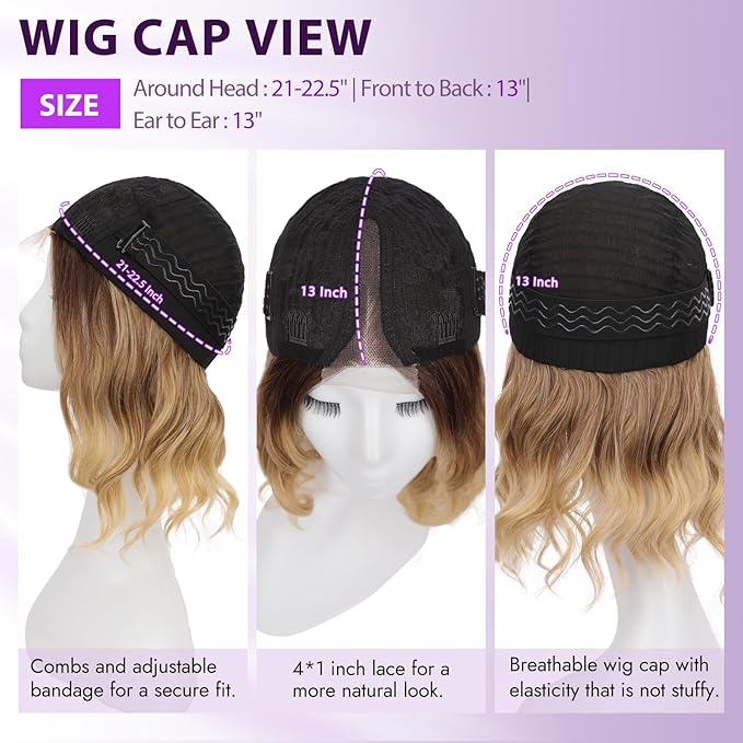 Brown to Blonde Short Wavy Wig for Women Lace Hairline Bob Style Synthetic Heat Resistant - Natural Appearance for Everyday Hairstyle 14 Inch