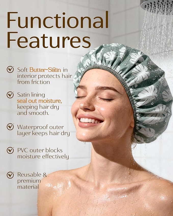 Yanibest Shower Cap for Women - Hair Satin Bonnet Shower Cap for Women Waterproof Extra Large Double Layer Reusable Adjustable for Braids Long Hair