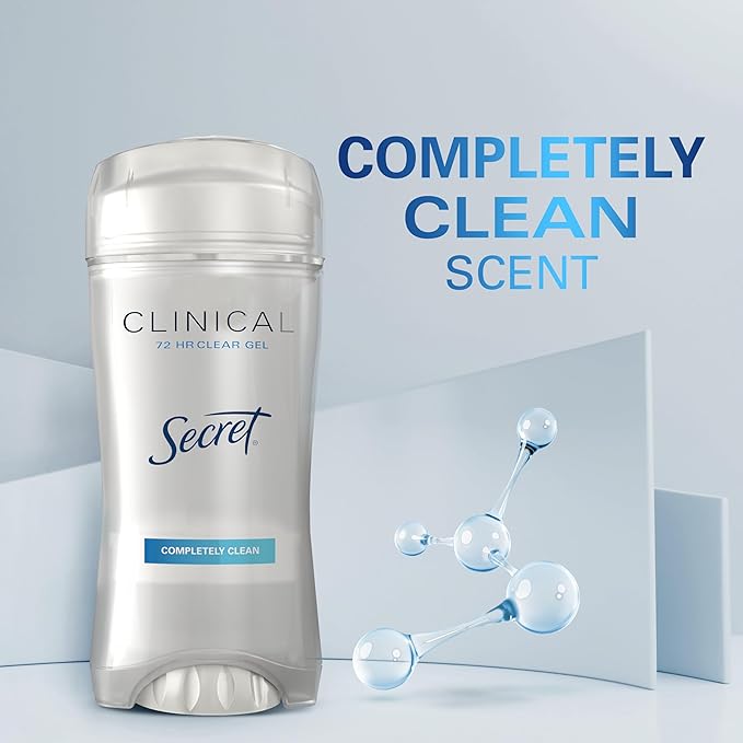 Secret Clinical Strength Antiperspirant Deodorant for Women, 3X Stress Protection, 72hr Sweat & Odor Protection, PH Balancing Minerals, Clear Gel, Completely Clean Scent, 2.6 oz (Pack of 2)
