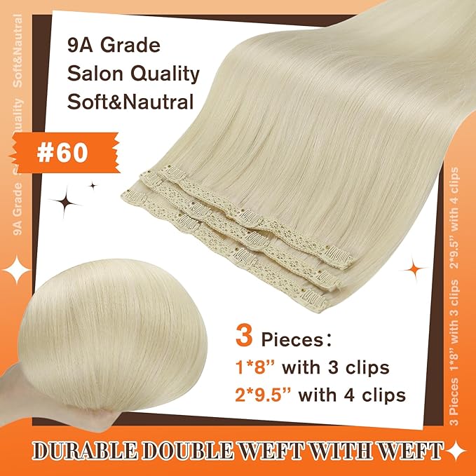 Full Shine Human Hair Clip in Extensions Platinum Blonde Human Hair Invisible Clip in Extensions Long Straight Hair 20 Inch for Thin Hair Ease of Use 60 Grams 3 PCS