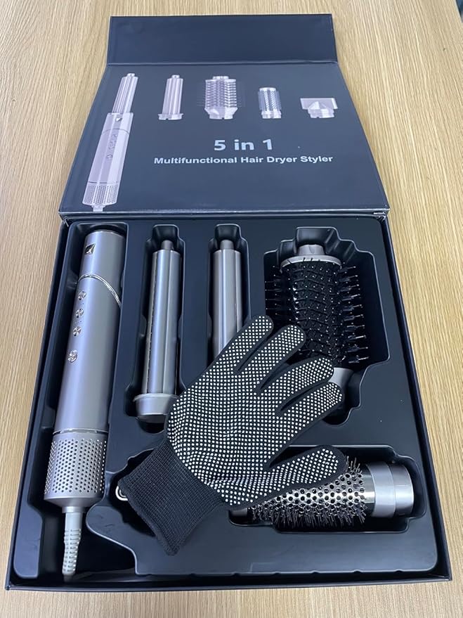 5 in 1 Blow Dryer Brush & Hot Air Styler–110,000 RPM High-Speed Hair Dryer with Auto Wrap Curlers & Ionic Technology, Hot Air Brush Wrap Fast Drying, Curling/Volumizing/Straightening - Gold