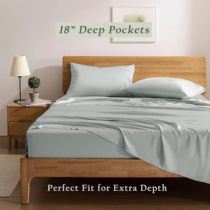TOSMO Luxury Cooling Sheet Set - 100% Viscose from Bamboo, 3-Piece Bedding Set (Twin Size) - 18” Extra Deep Pockets, Oeko-Tex Certified, Silky Soft and Breathable, Sliver