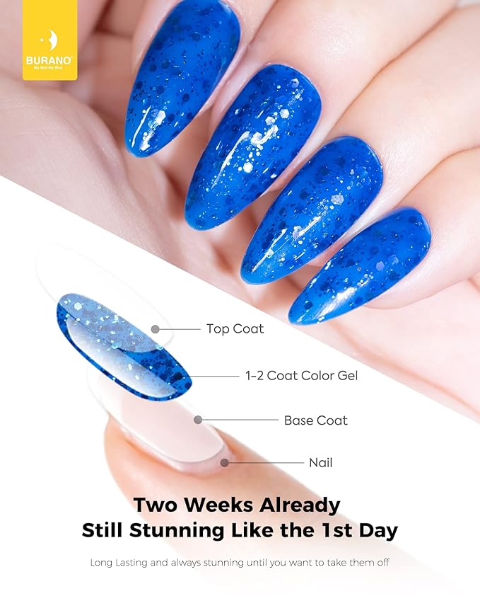 BURANO Glitter Nail Polish, LED UV Shimmer Holographic Effect Soak Off Gel, No Chip Sparkle Polish for Home DIY Nail Salon (Blue LP7)