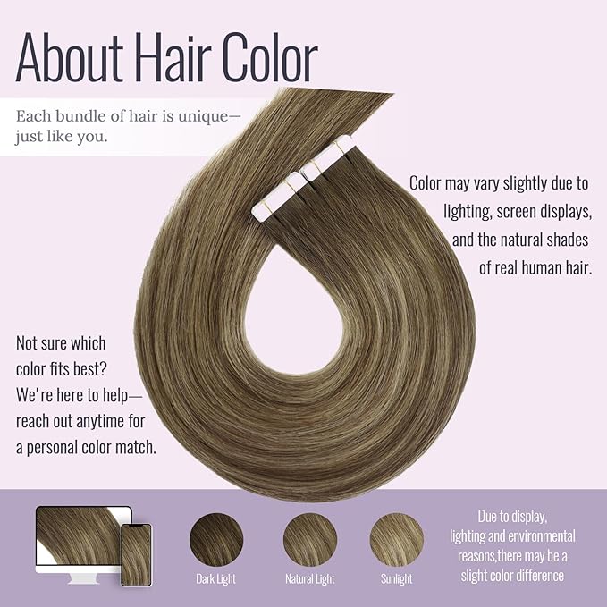 Fshine Brown Balayage Tape in Hair Extensions - Chocolate to Caramel Blonde Ombre Remy Human Hair - Straight Long,Natural Look 20 Inch 20 pcs 50 g,Great for Professionals & Office Women