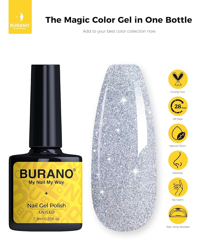 BURANO Glitter Gel Nail Polish - LED UV Curing, Holographic Effect, No Chip DiY Silver Nail Gel LP61