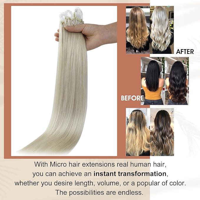 Full Shine Micro Loop Hair Extensions Real Human Hair Ice Blonde Soft Natural Human Hair 14 Inch Microlink Hair Extensions 50G with 7G Micro Beads Cold Fusion Extensions for Women