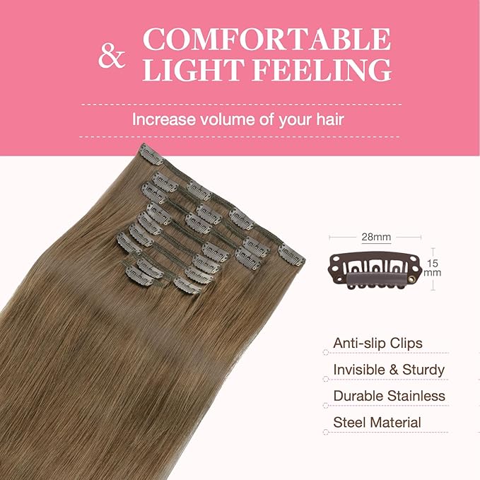 GOO GOO Clip in Hair Extensions Real Human Hair, Remy Human Hair Extensions Clip ins for Women, Natural Human Hair, 22inch 150g 9Pcs, 5 Light Ash Brown