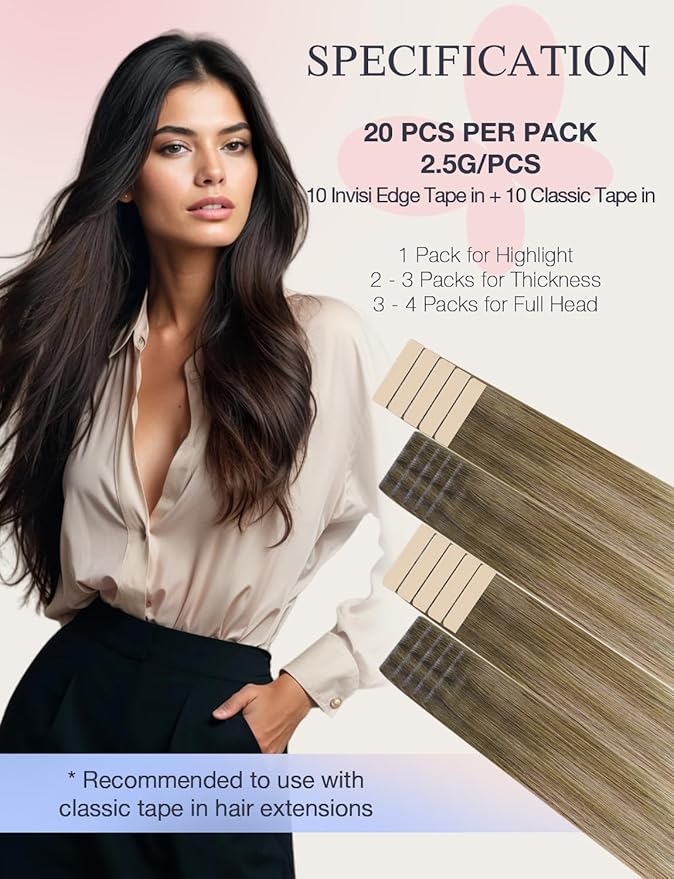 DOORES Invisi Edge Hair Extensions Tape in, Walnut Brown to Ash Brown and Bleach Blonde 10 Injection Tape-ins with 10 Classic Tape-ins 50g 18 Inch, Injected Tape in Extensions Straight
