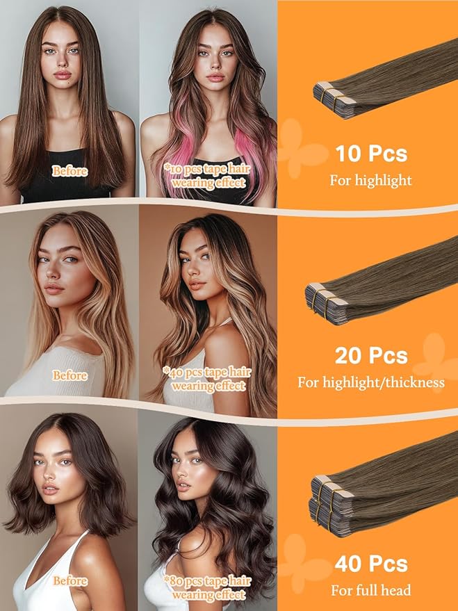 DOORES Human Hair Extensions, Light Ash Brown 20 Inch 30g 10pcs, Tape in Hair Extensions Skin Weft Seamless Tape in Hair Extensions Remy Straight Hair for Women