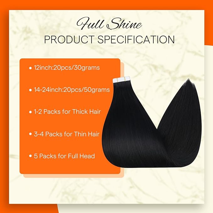 Full Shine Invisible Seamless Tape in Hair Extensions Real Human Hair 22Inch Color 1 Jet Black Double Sided Tape in Extensions Skin Weft 20Pcs 50 Gram Add Length for Wedding Natural Straight