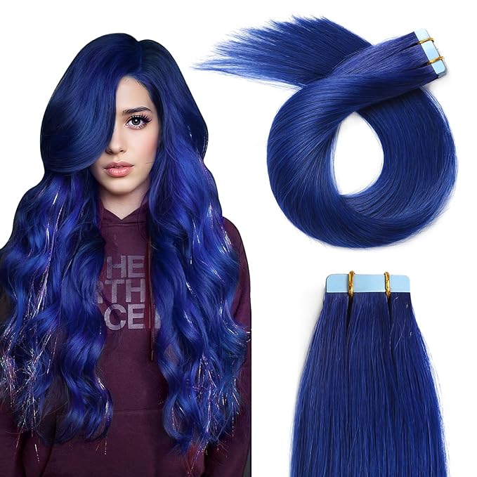 YILITE 20pcs/Pack Blue Tape in Human Hair Extensions, 16inch 40g Seamless Skin Weft Tape-ins (Blue)