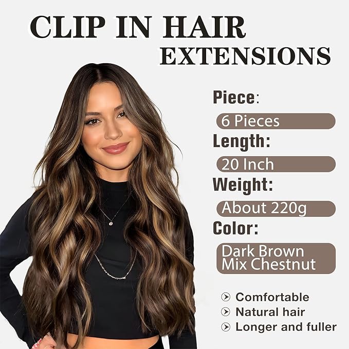 NAYOO Clip in Hair Extensions for Women 20 Inch Long Wavy Curly Dark Brown Mix Chestnut Hairpieces Full Head Synthetic Hair Hairpieces (6PCS, Dark Brown Mix Chestnut)