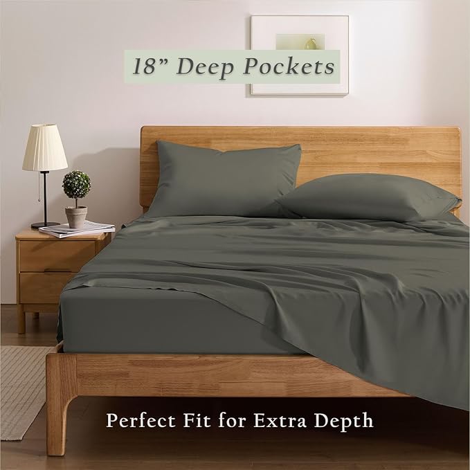 TOSMO Luxury Cooling Sheet Set - 100% Viscose from Bamboo, 4-Piece Bedding Set (Full Size) - 18” Extra Deep Pockets, Oeko-Tex Certified, Silky Soft and Breathable, Charcoal