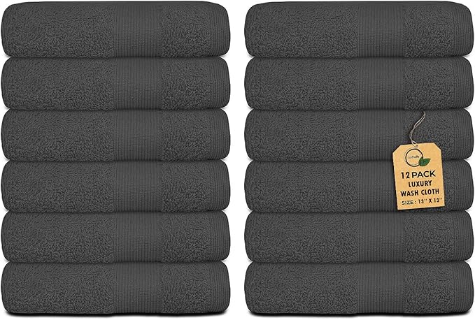 Premium Wash Cloths Pack of 12 (13" x 13") 100% Ring Spun Cotton | Luxury Washcloths | Ultra Soft Face Towels | Highly Absorbent Wash Cloths for face (Grey)